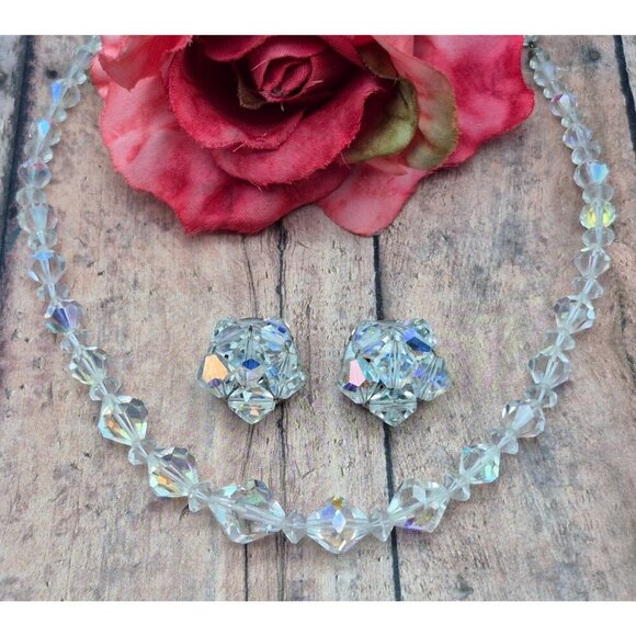 Vintage AB Crystal Collar Necklace & Clip On Cluster Earrings Set Arora Borealis - Picture 2 of 11